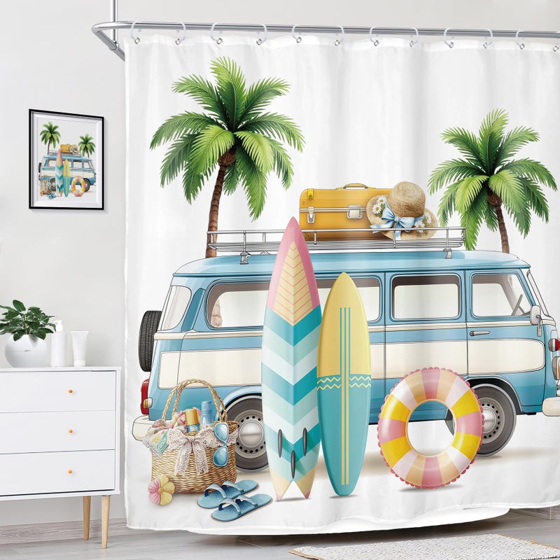 Riyidecor Beach Surf RV Fabric Shower Curtain Set for Bathroom Decor 72Wx72H Inch Coastal Theme Bath Accessories for Men Boys Tropical Palm Trees Pattern Camping Car Bathtub 12 Pack Plastic Hooks - Image 3